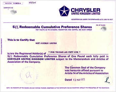 Chrysler UK Ltd. preferred 1972